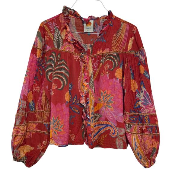 Farm Rio Mystic Bush Button Front Blouse, Boho Tropical Parrot Cotton sz M - Picture 1 of 13